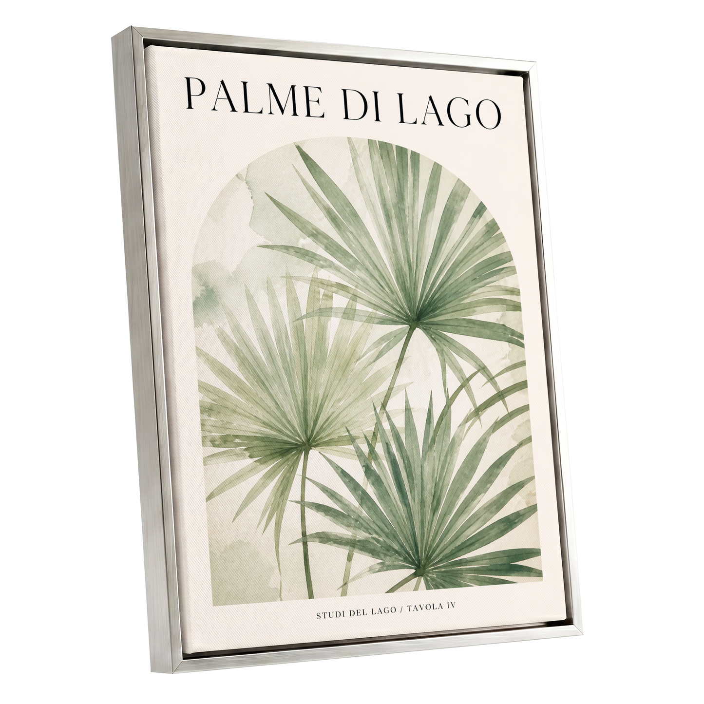 Lake Palm Studies, green, beige, black nature wall art shown as a silver framed canvas wall art