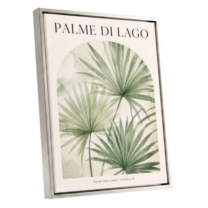 Lake Palm Studies, green, beige, black nature wall art shown as a silver framed canvas wall art