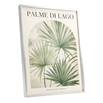 Lake Palm Studies, green, beige, black nature wall art shown as a silver framed poster wall art print