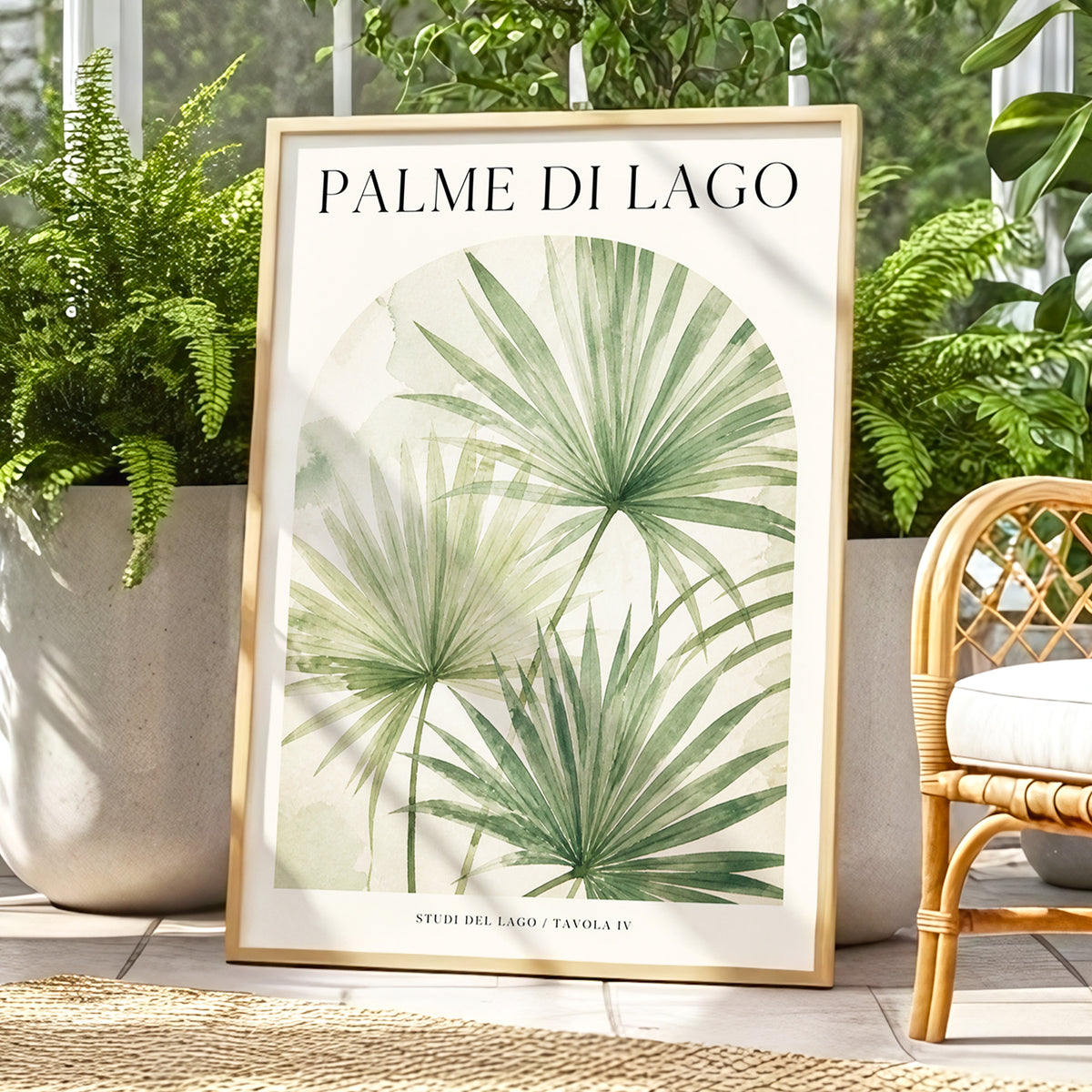 Lake Palm Studies, green, beige, black nature wall art displayed in a styled interior, gallery view 1