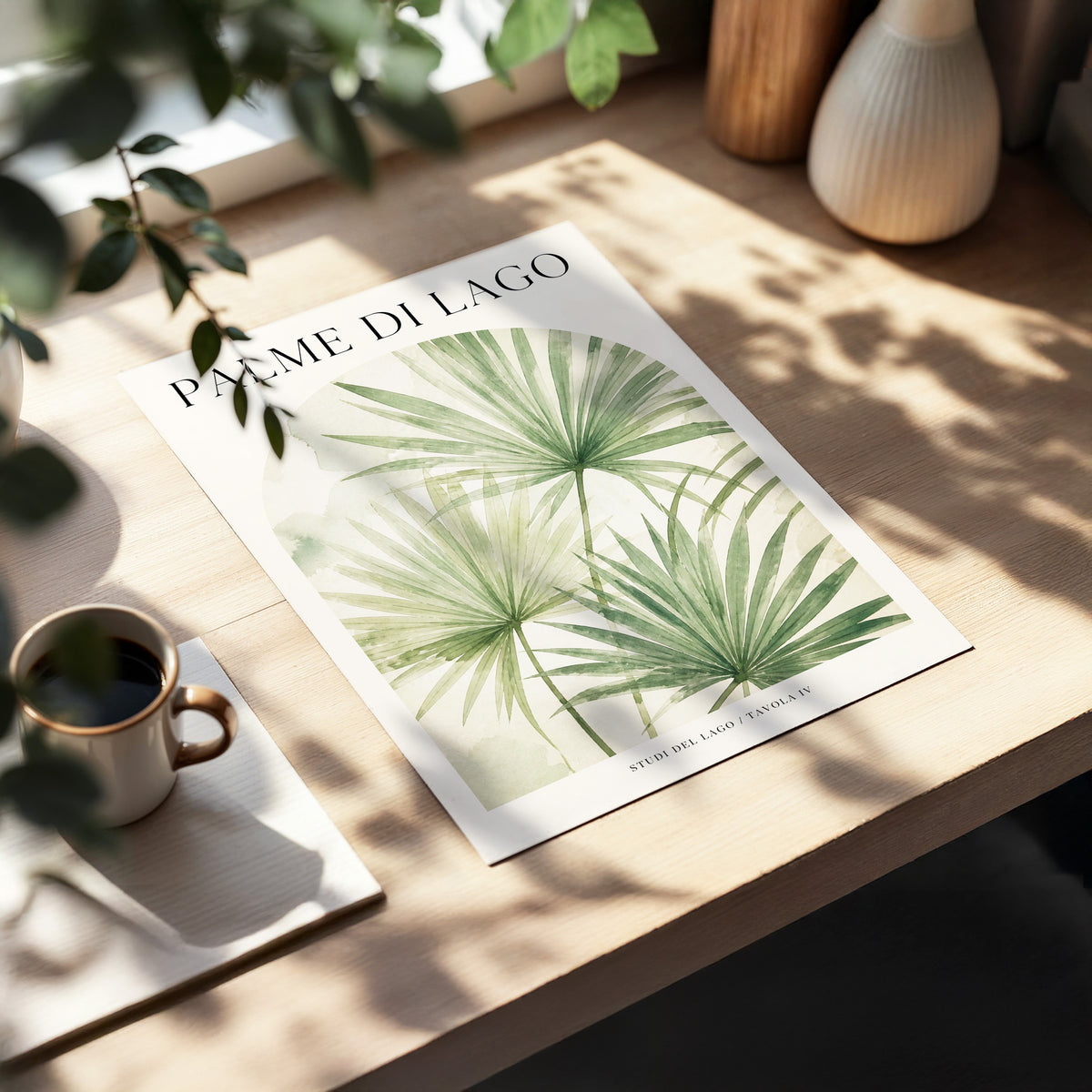 Lake Palm Studies, green, beige, black nature wall art displayed in a styled interior, gallery view 3