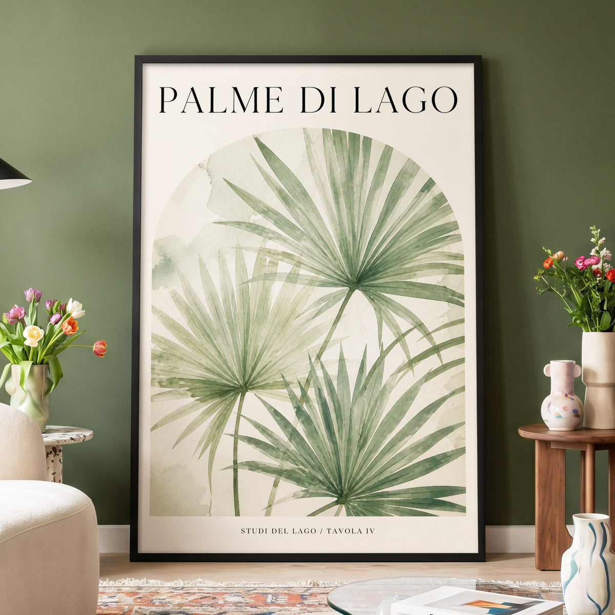 Lake Palm Studies, green, beige, black nature wall art displayed in a styled interior, gallery view 4