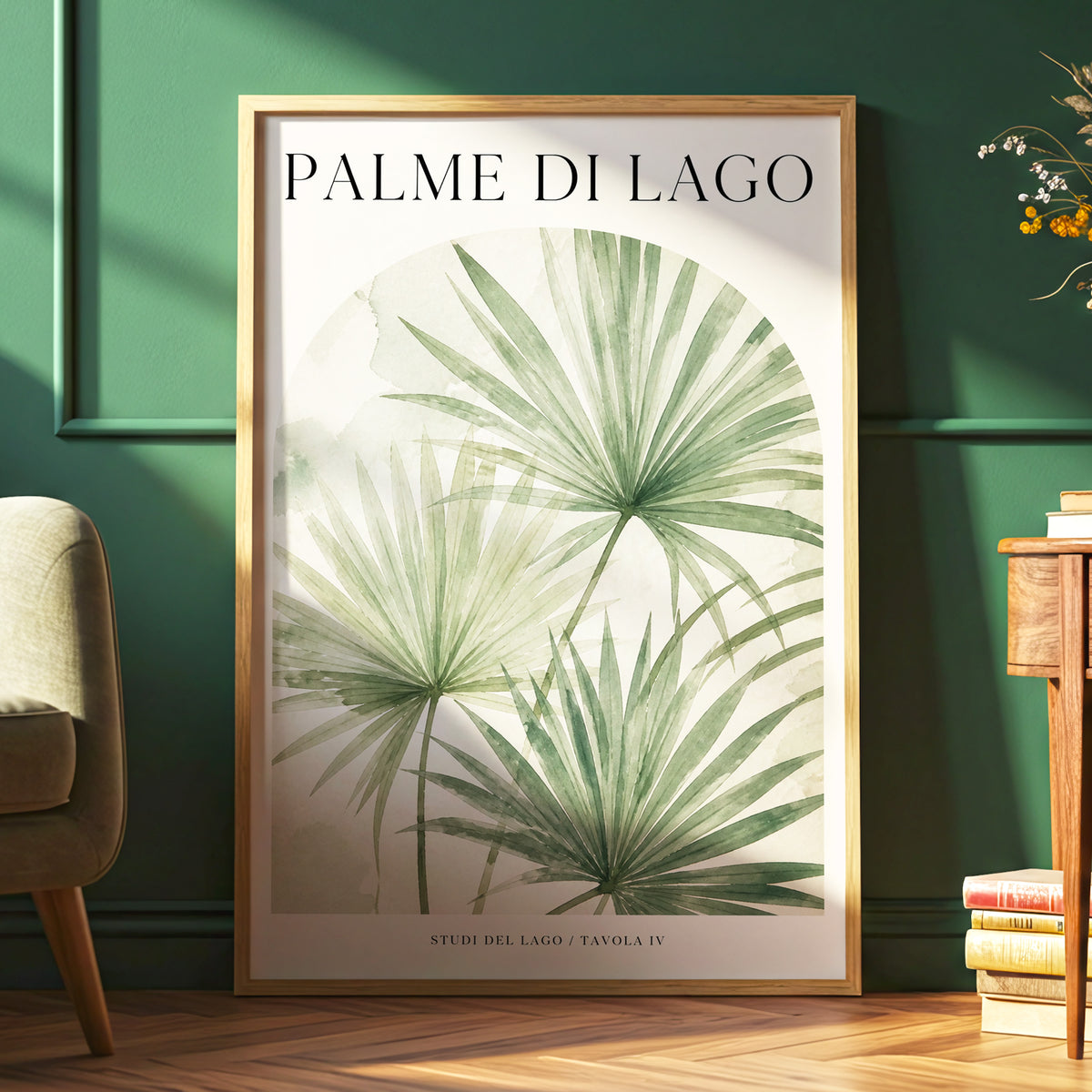 Lake Palm Studies, green, beige, black nature wall art displayed in a styled interior, gallery view 6