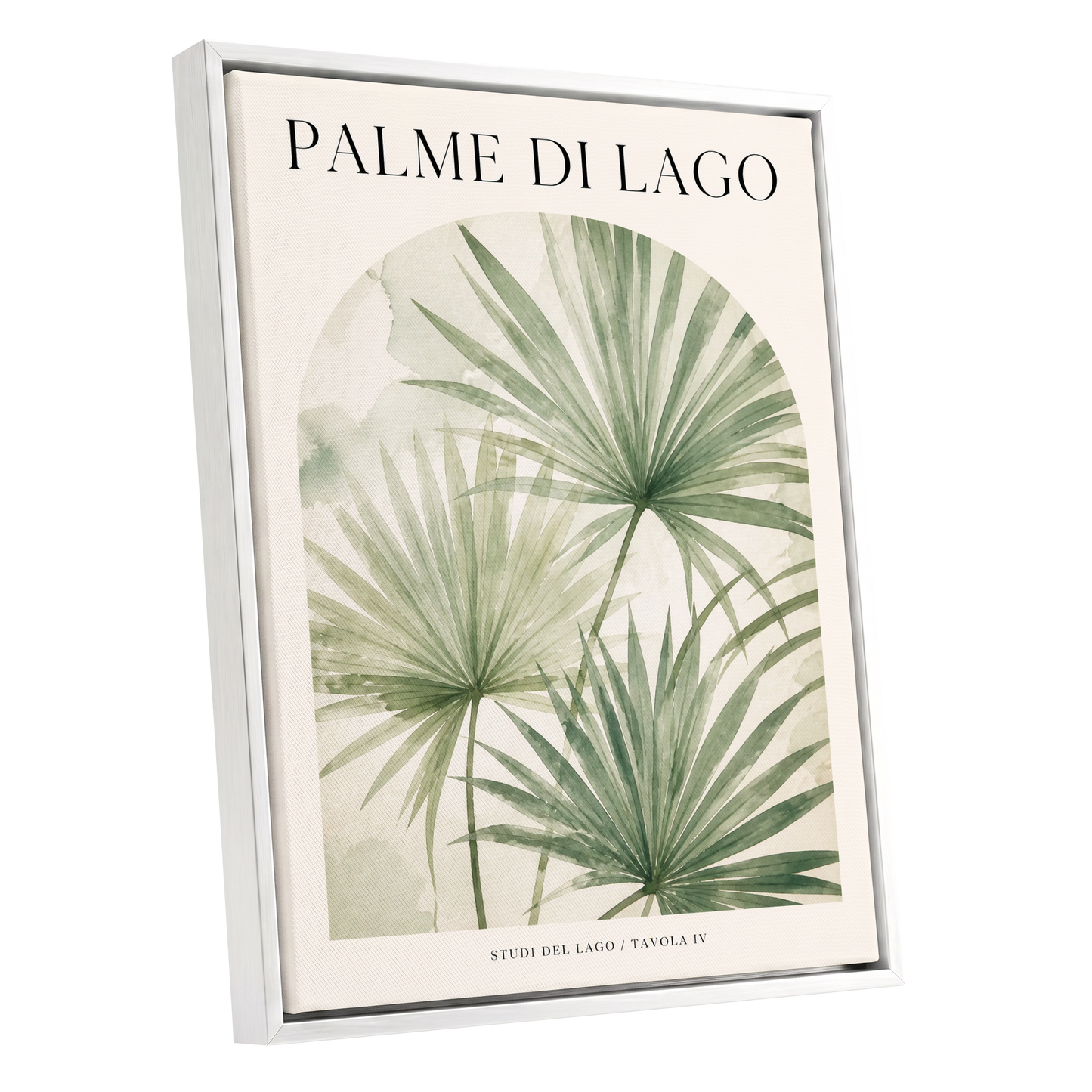 Lake Palm Studies, green, beige, black nature wall art shown as a white framed canvas wall art