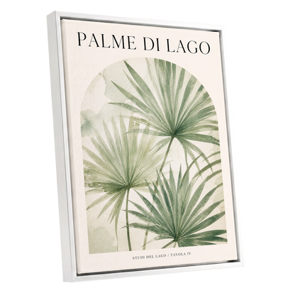 Lake Palm Studies, green, beige, black nature wall art shown as a white framed canvas wall art
