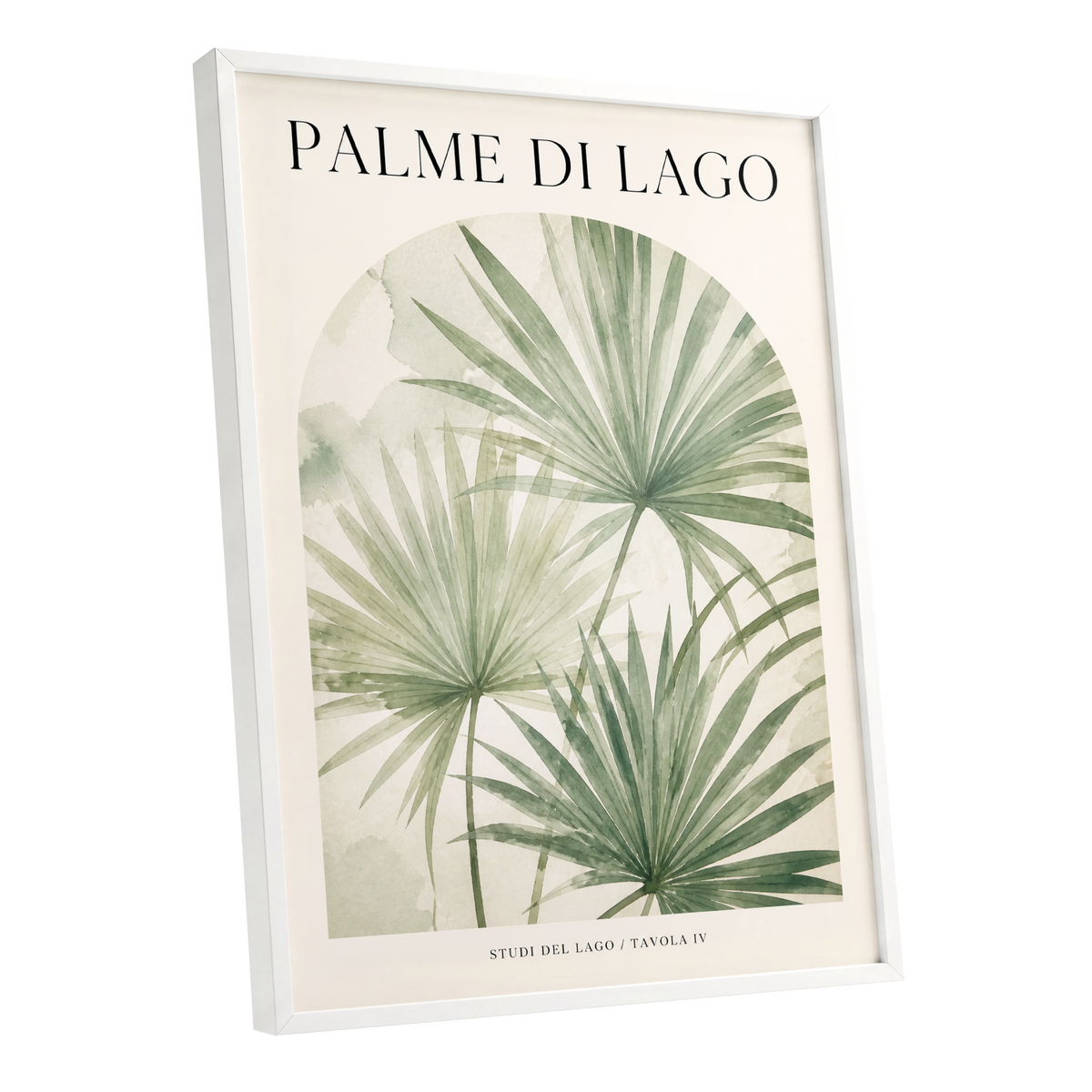 Lake Palm Studies, green, beige, black nature wall art shown as a white framed poster wall art print