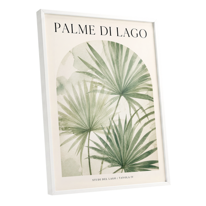 Lake Palm Studies, green, beige, black nature wall art shown as a white framed poster wall art print