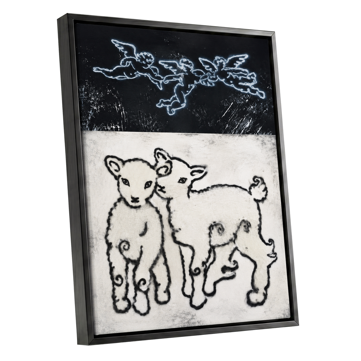 Lambs Beneath Cherubs, black, beige, white nature wall art shown as a black framed canvas wall art