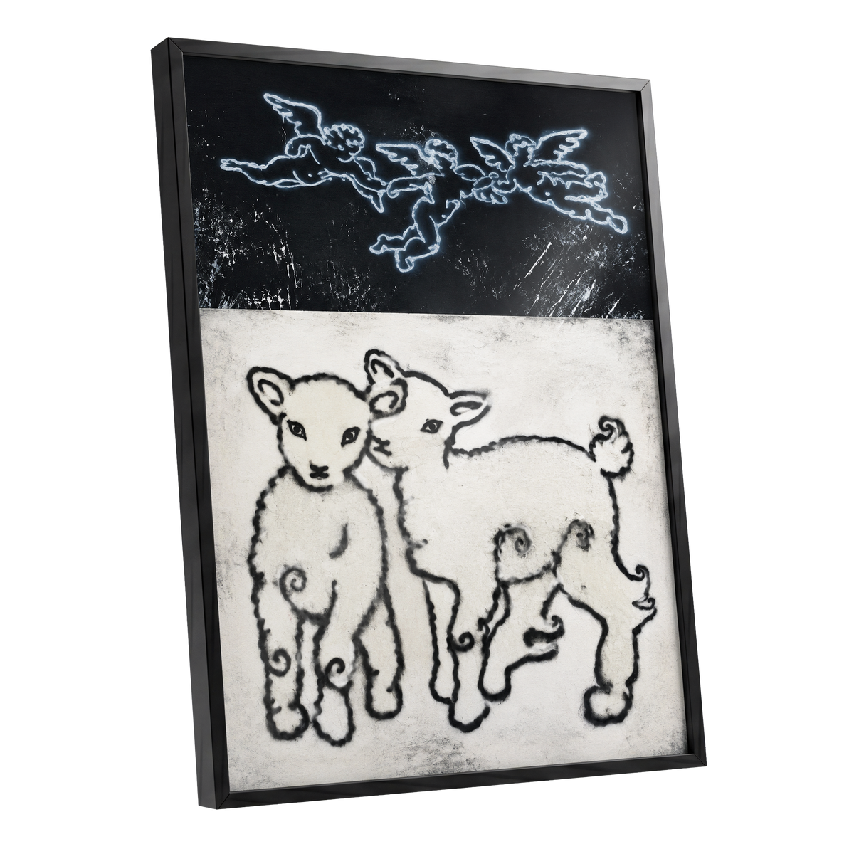 Lambs Beneath Cherubs, black, beige, white nature wall art shown as a black framed poster wall art print