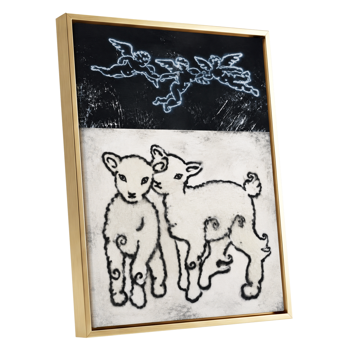 Lambs Beneath Cherubs, black, beige, white nature wall art shown as a gold framed canvas wall art