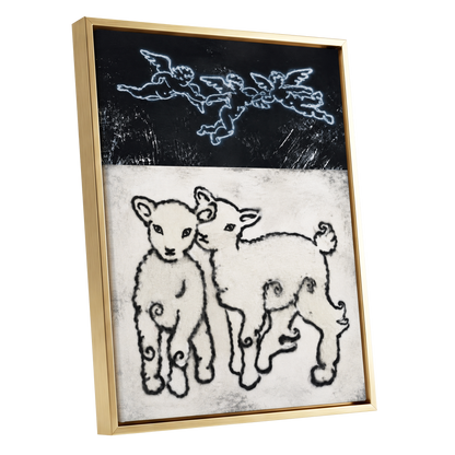 Lambs Beneath Cherubs, black, beige, white nature wall art shown as a gold framed canvas wall art