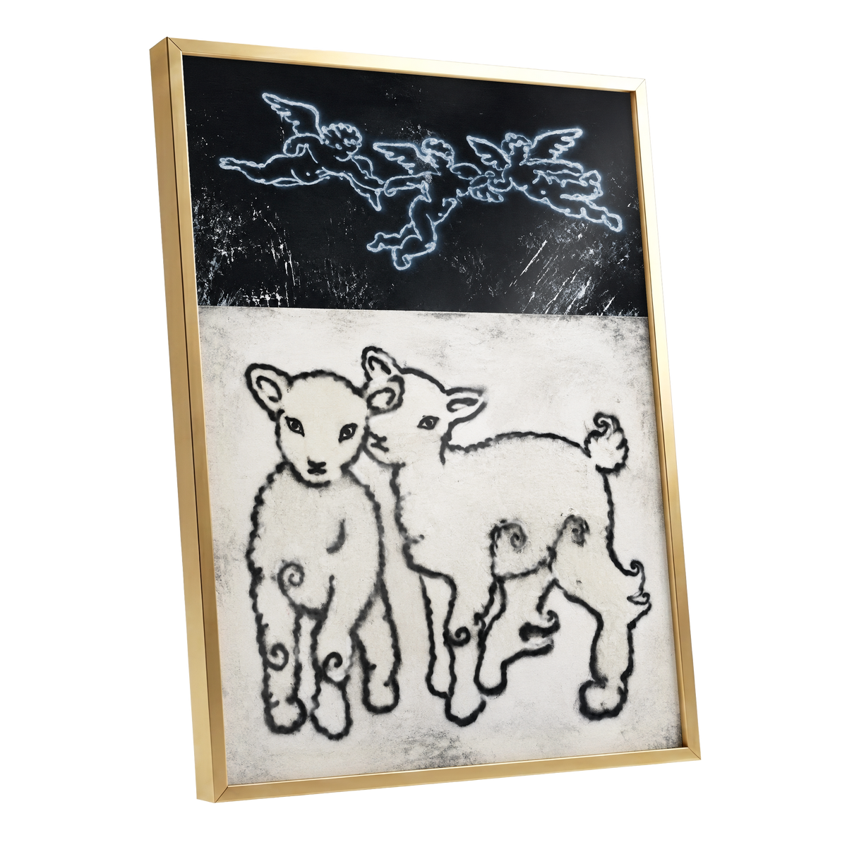 Lambs Beneath Cherubs, black, beige, white nature wall art shown as a gold framed poster wall art print