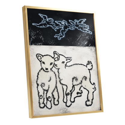 Lambs Beneath Cherubs, black, beige, white nature wall art shown as a gold framed poster wall art print