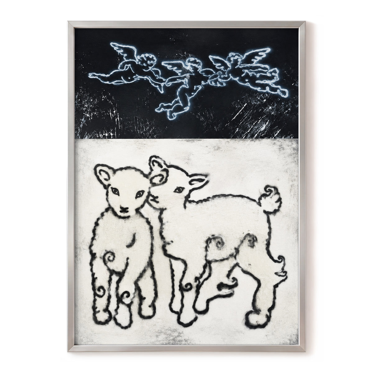 Lambs Beneath Cherubs, black, beige, white nature wall art, front artwork view