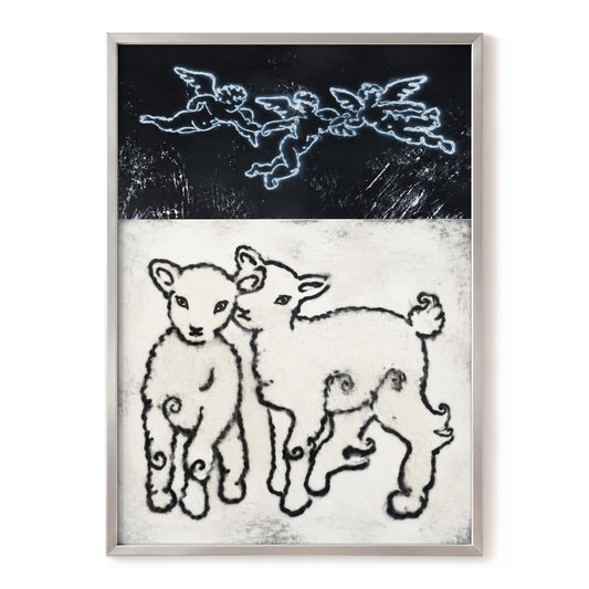 Lambs Beneath Cherubs, black, beige, white nature wall art, front artwork view