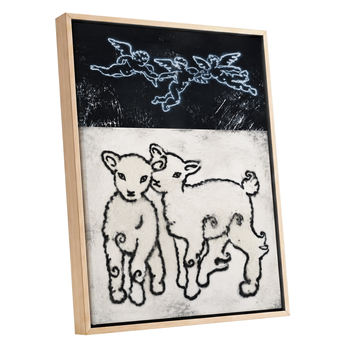 Lambs Beneath Cherubs, black, beige, white nature wall art shown as a oak framed canvas wall art