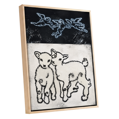 Lambs Beneath Cherubs, black, beige, white nature wall art shown as a oak framed canvas wall art