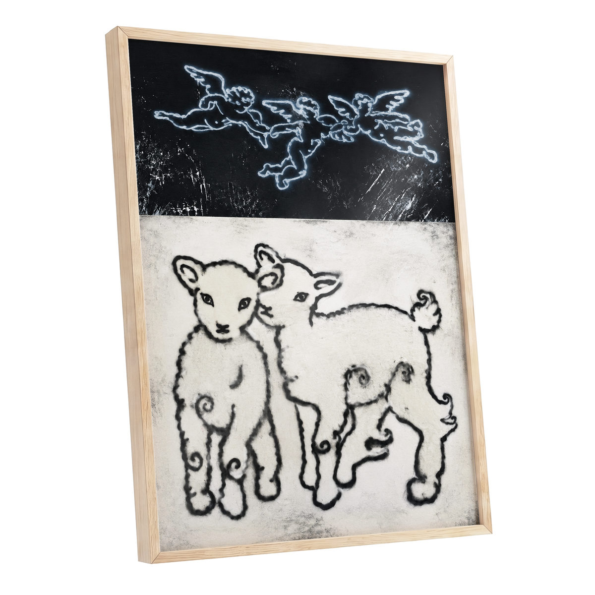 Lambs Beneath Cherubs, black, beige, white nature wall art shown as a oak framed poster wall art print