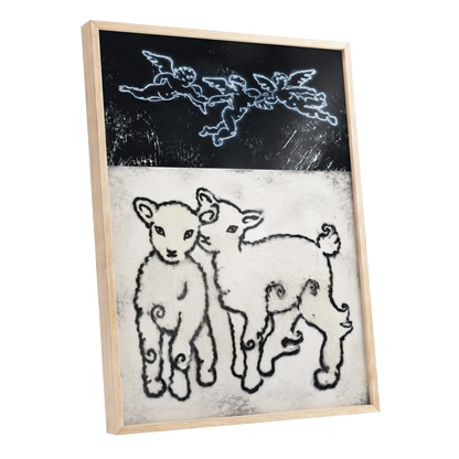 Lambs Beneath Cherubs, black, beige, white nature wall art shown as a oak framed poster wall art print