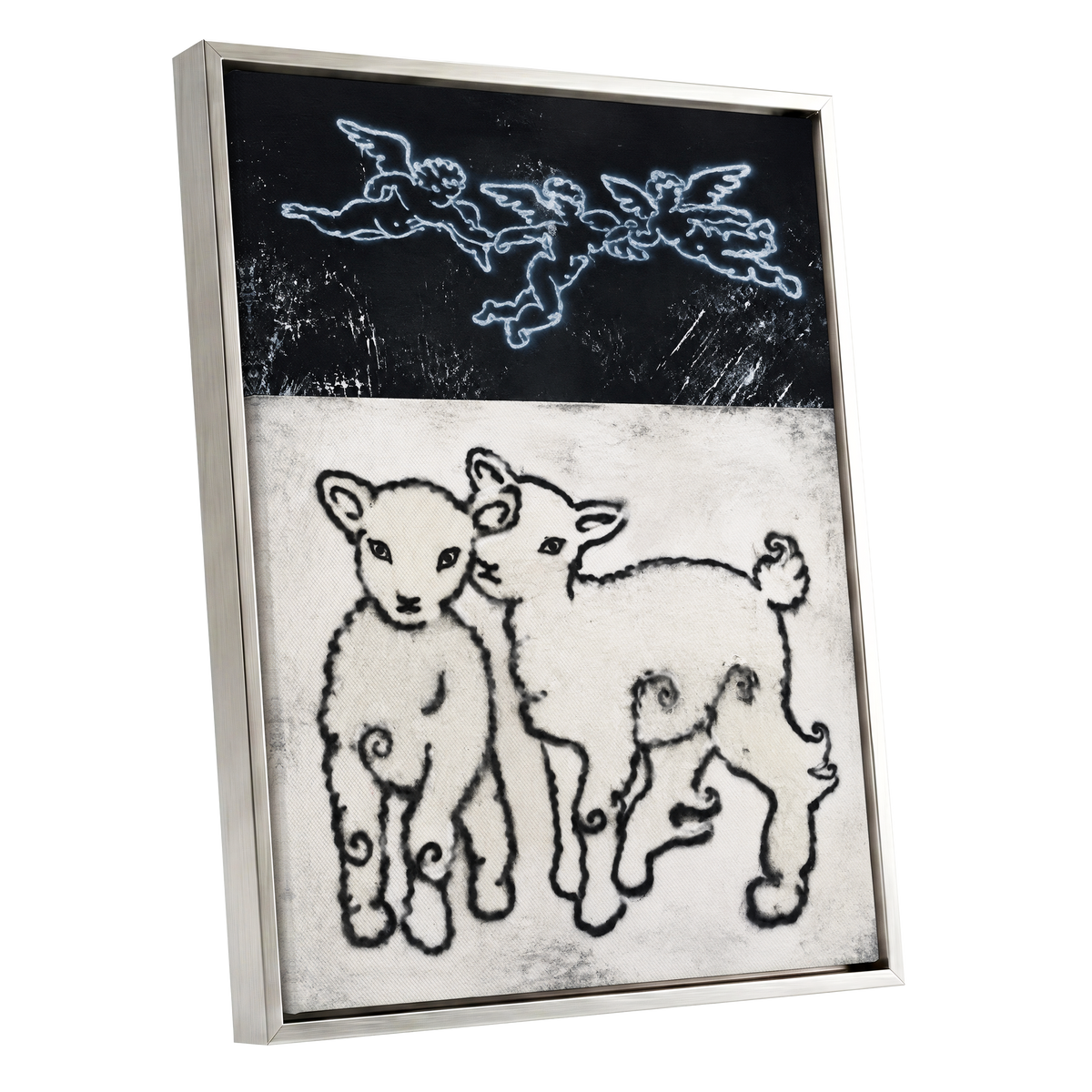 Lambs Beneath Cherubs, black, beige, white nature wall art shown as a silver framed canvas wall art