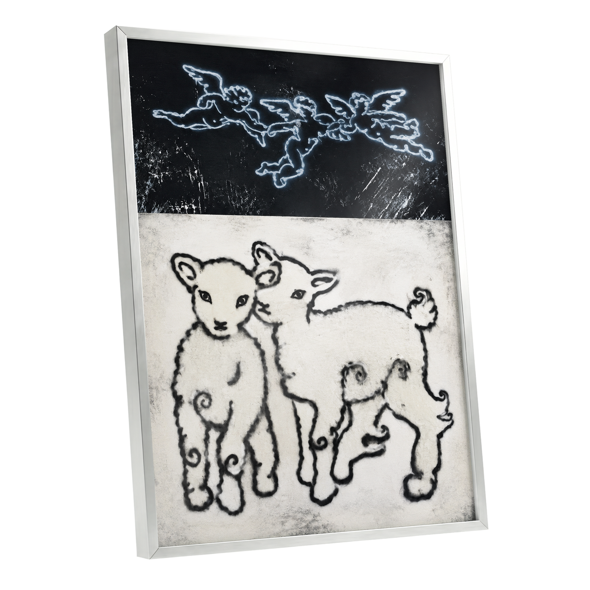 Lambs Beneath Cherubs, black, beige, white nature wall art shown as a silver framed poster wall art print