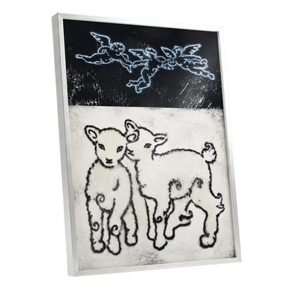 Lambs Beneath Cherubs, black, beige, white nature wall art shown as a silver framed poster wall art print