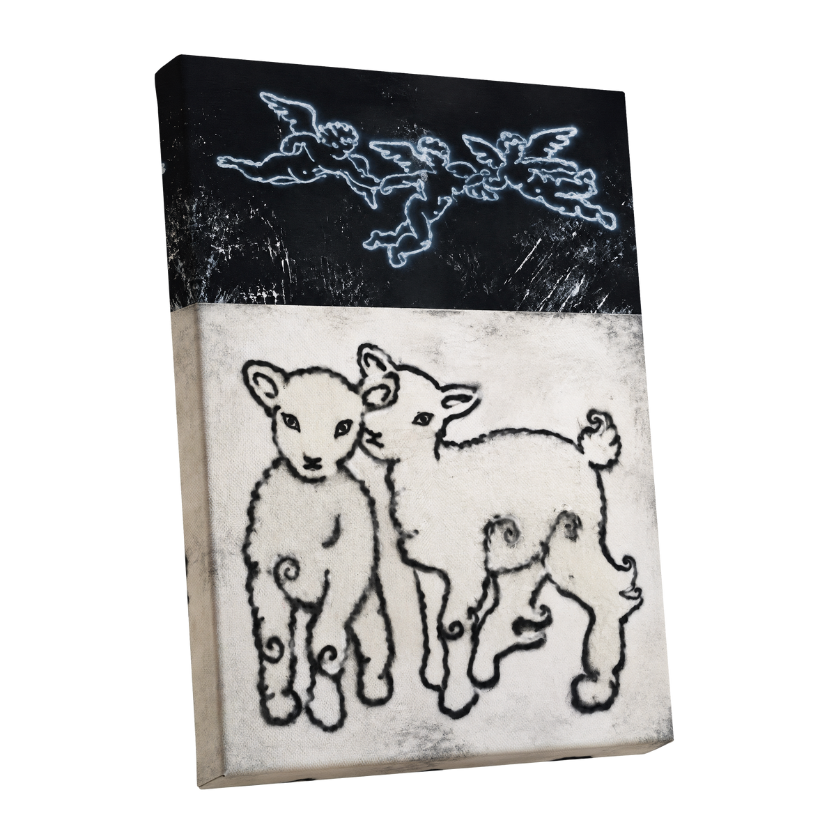 Lambs Beneath Cherubs, black, beige, white nature wall art shown as a stretched canvas wall art