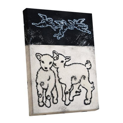 Lambs Beneath Cherubs, black, beige, white nature wall art shown as a stretched canvas wall art