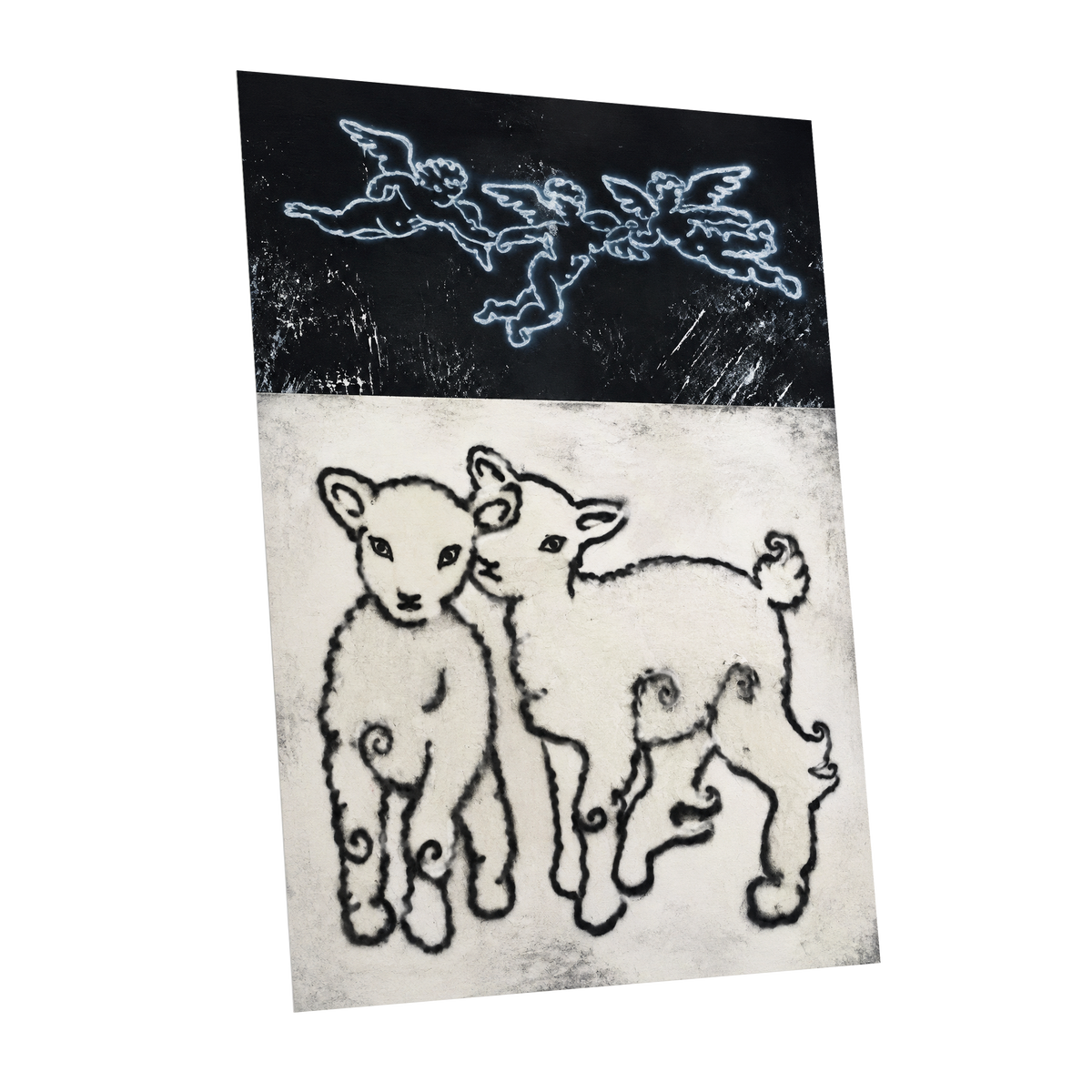 Lambs Beneath Cherubs, black, beige, white nature wall art shown as a unframed poster wall art print