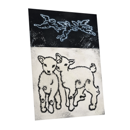 Lambs Beneath Cherubs, black, beige, white nature wall art shown as a unframed poster wall art print