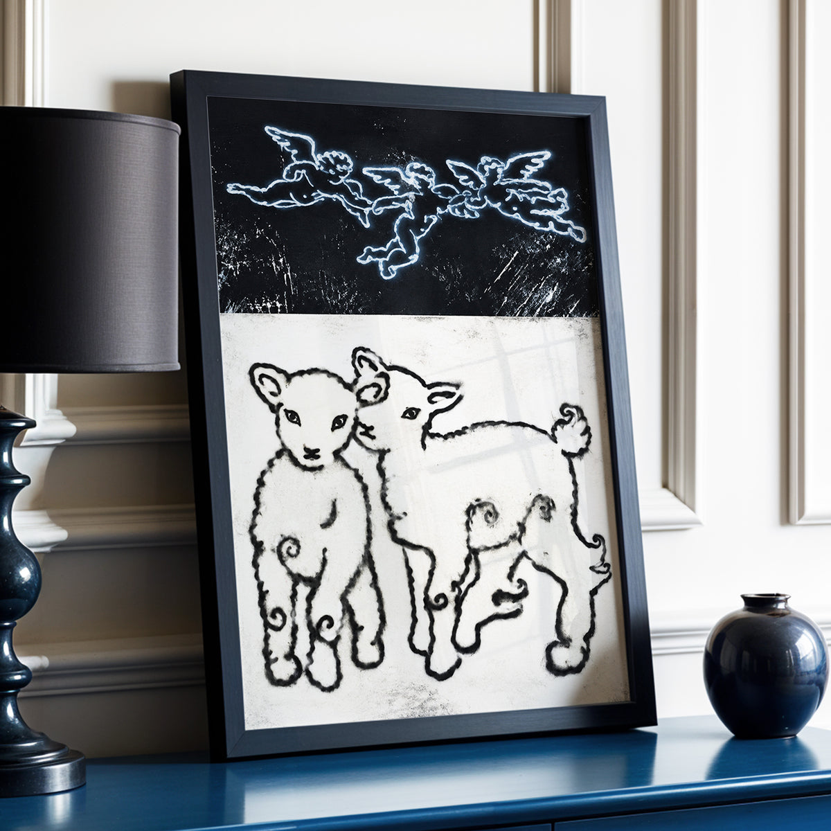 Lambs Beneath Cherubs, black, beige, white nature wall art displayed in a styled interior, gallery view 2