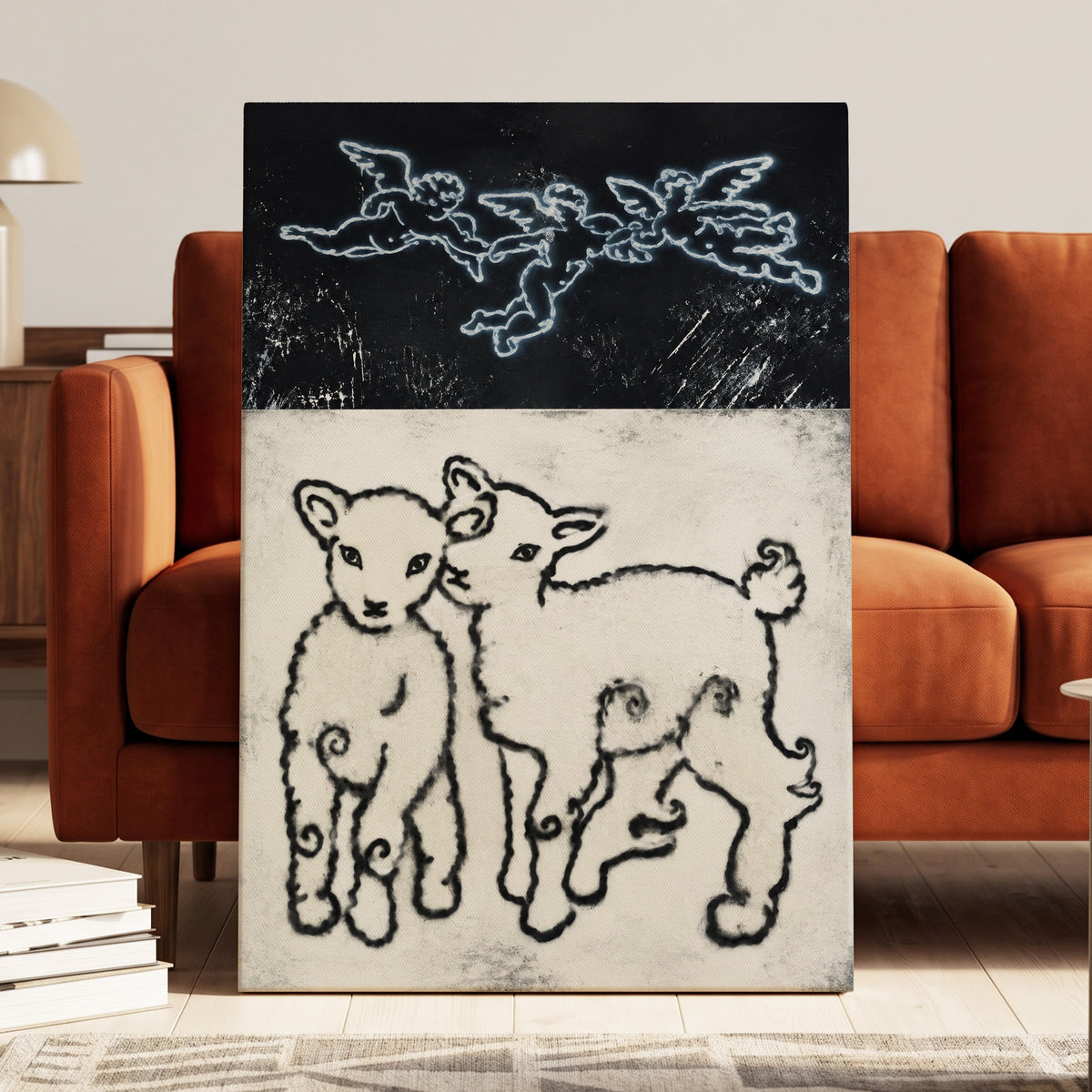 Lambs Beneath Cherubs, black, beige, white nature wall art displayed in a styled interior, gallery view 3