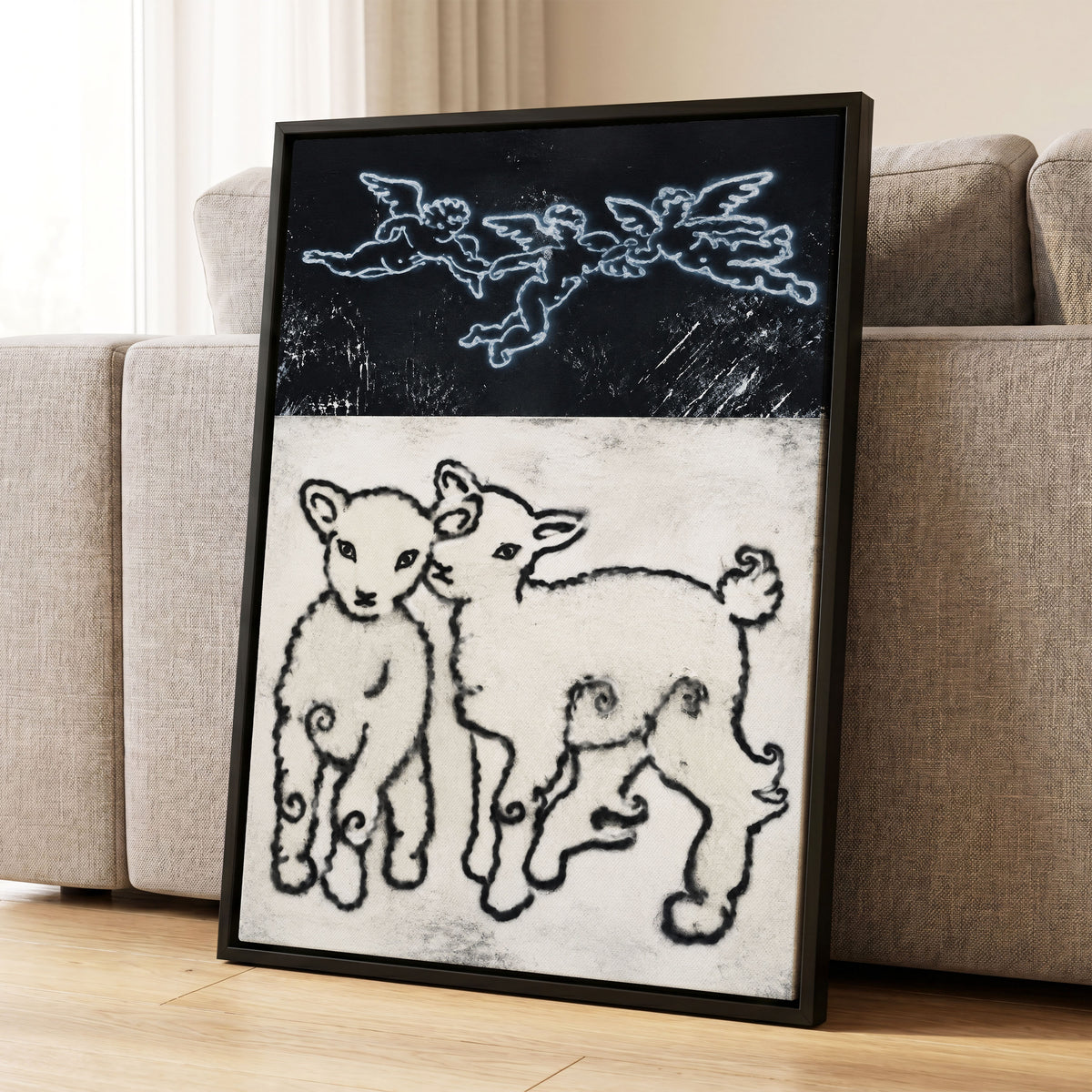 Lambs Beneath Cherubs, black, beige, white nature wall art displayed in a styled interior, gallery view 4