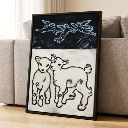 Lambs Beneath Cherubs, black, beige, white nature wall art displayed in a styled interior, gallery view 4