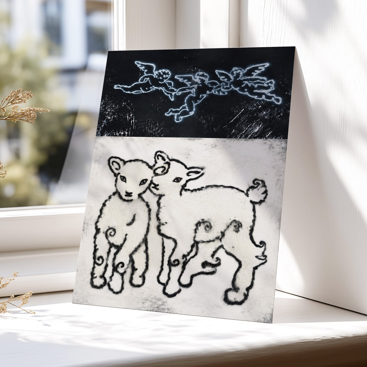 Lambs Beneath Cherubs, black, beige, white nature wall art displayed in a styled interior, gallery view 5