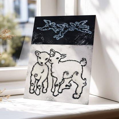 Lambs Beneath Cherubs, black, beige, white nature wall art displayed in a styled interior, gallery view 5