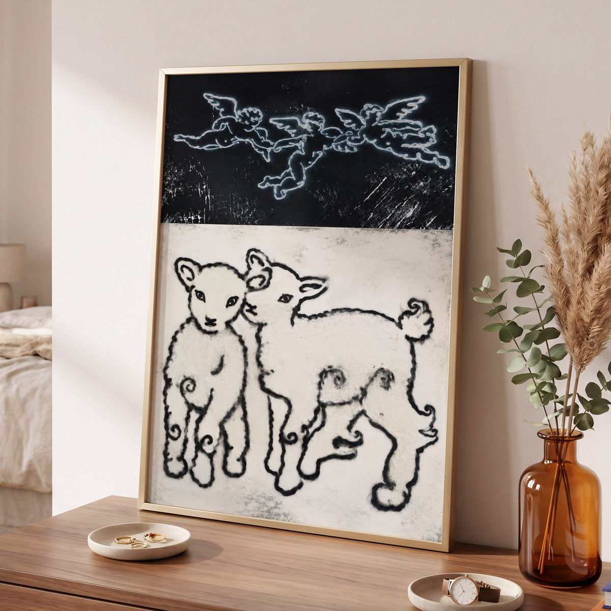 Lambs Beneath Cherubs, black, beige, white nature wall art displayed in a styled interior, gallery view 6