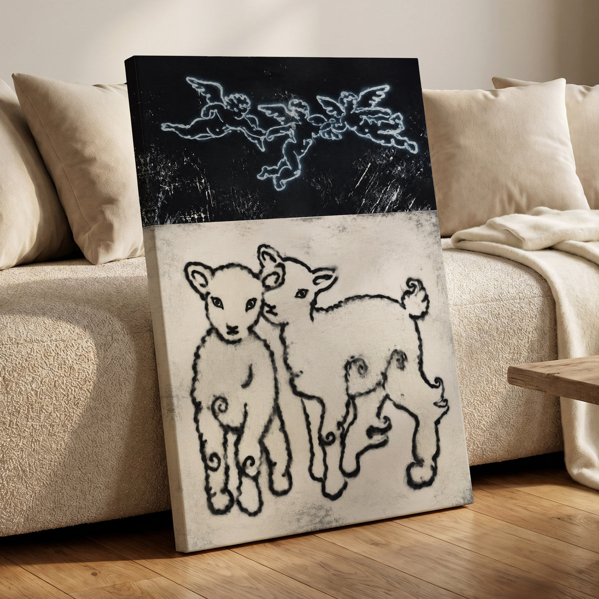 Lambs Beneath Cherubs, black, beige, white nature wall art displayed in a styled interior, gallery view 7
