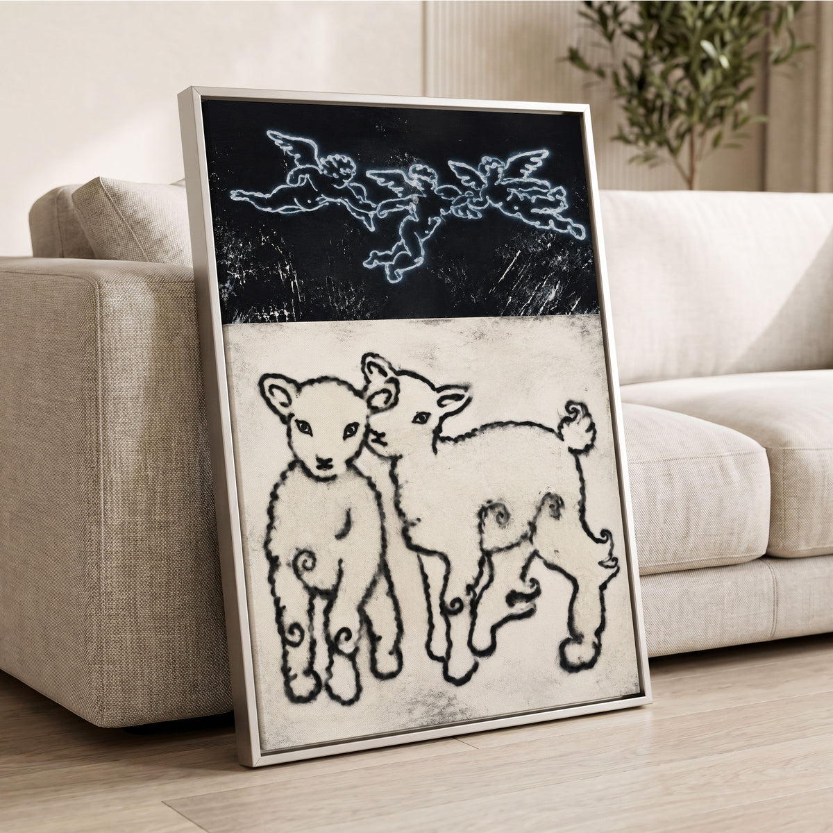 Lambs Beneath Cherubs, black, beige, white nature wall art displayed in a styled interior, gallery view 8