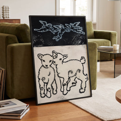 Lambs Beneath Cherubs, black, beige, white nature wall art displayed in a styled interior, gallery view 9