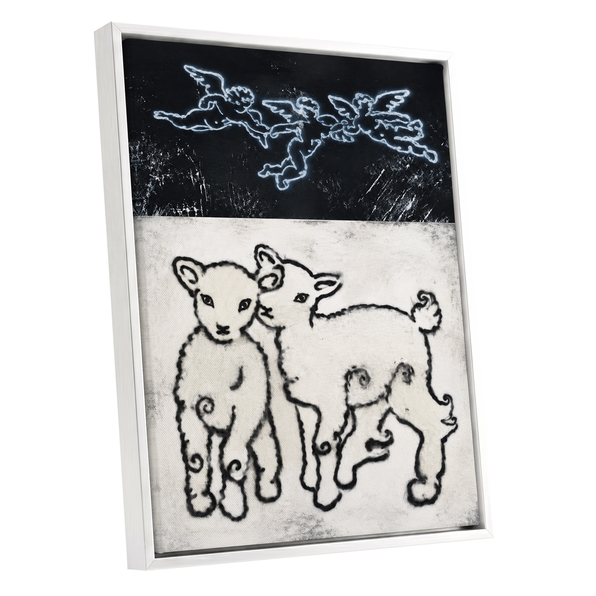 Lambs Beneath Cherubs, black, beige, white nature wall art shown as a white framed canvas wall art