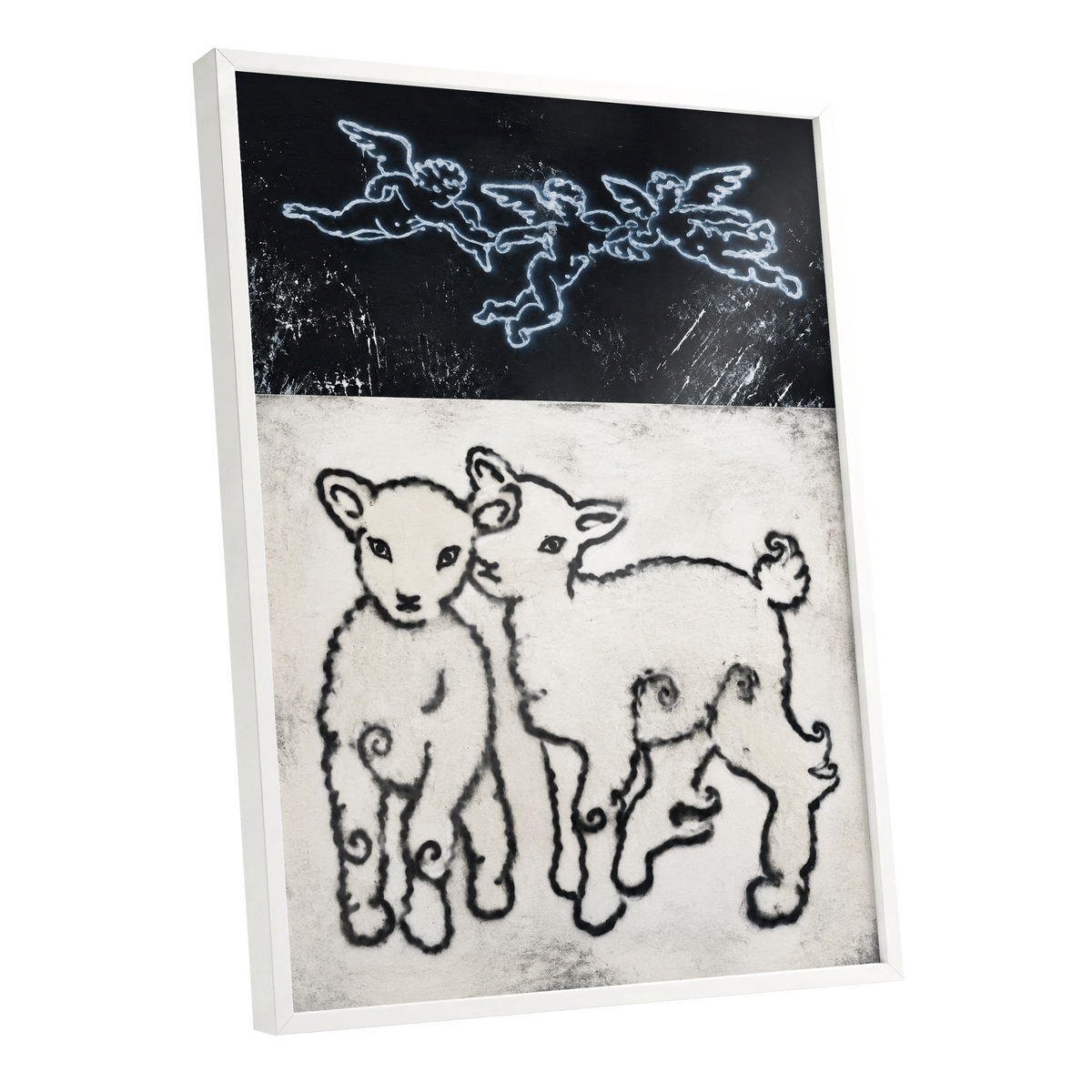 Lambs Beneath Cherubs, black, beige, white nature wall art shown as a white framed poster wall art print