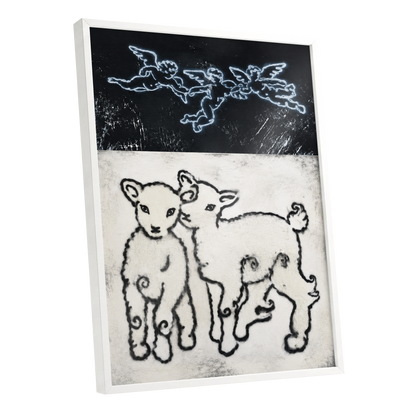 Lambs Beneath Cherubs, black, beige, white nature wall art shown as a white framed poster wall art print