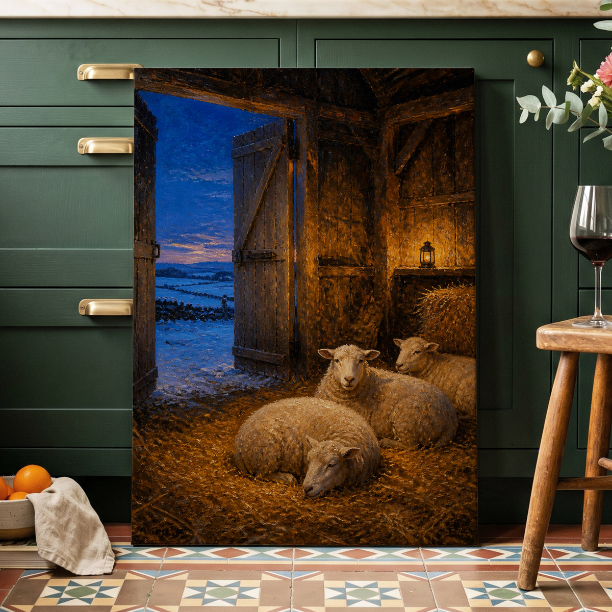 Lantern in the Lambing Barn, brown, gold, blue nature wall art on canvas displayed in a styled interior, gallery view 1