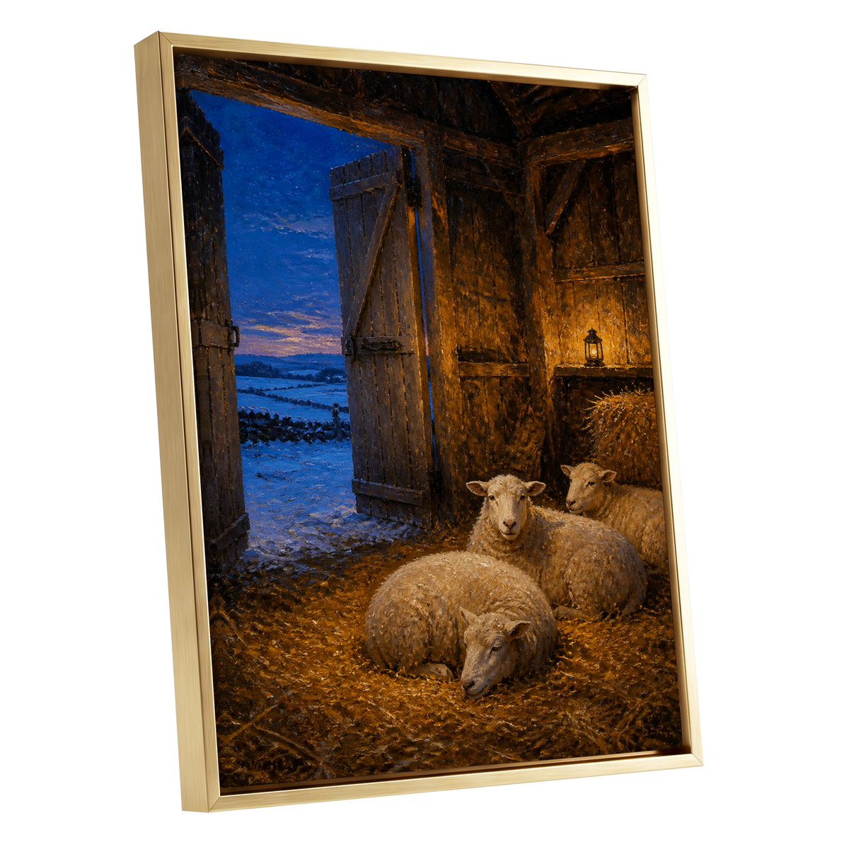 Lantern in the Lambing Barn, brown, gold, blue nature wall art shown as a gold framed canvas wall art