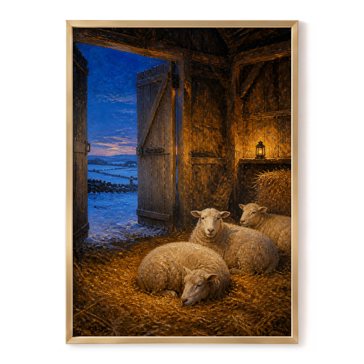 Lantern in the Lambing Barn, brown, gold, blue nature wall art, front artwork view