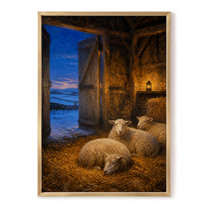 Lantern in the Lambing Barn, brown, gold, blue nature wall art, front artwork view