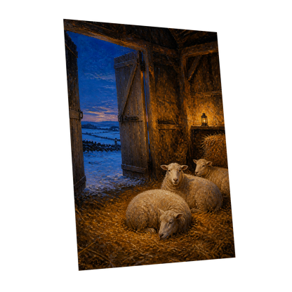 Lantern in the Lambing Barn, brown, gold, blue nature wall art shown as a unframed poster wall art print