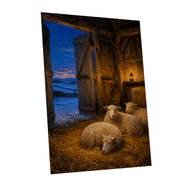 Lantern in the Lambing Barn, brown, gold, blue nature wall art shown as a unframed poster wall art print