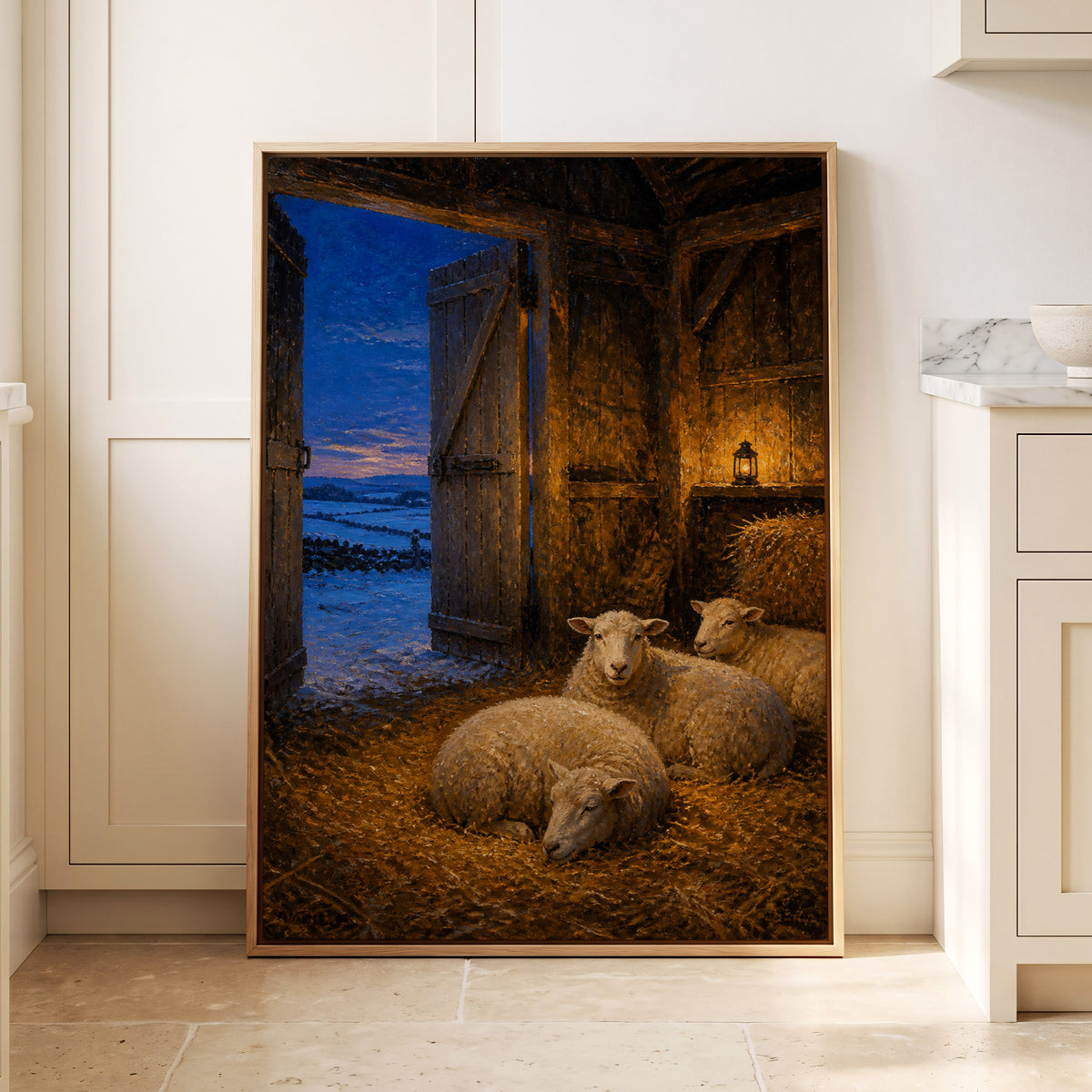 Lantern in the Lambing Barn, brown, gold, blue nature wall art displayed in a styled interior, gallery view 1
